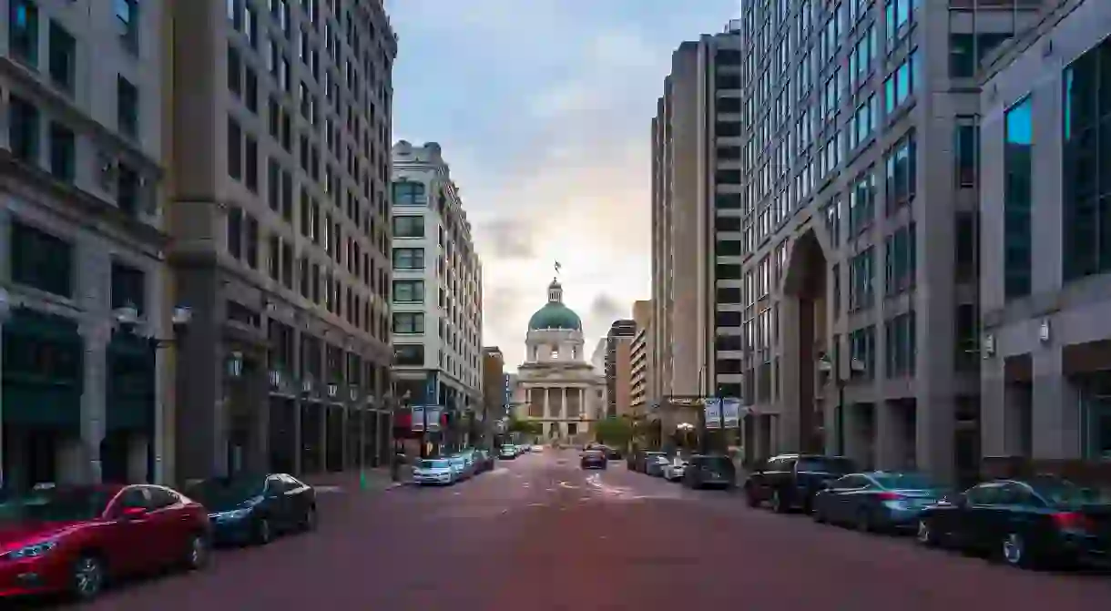 The Indiana Statehouse dominates the Washington Street area of Indianapolis