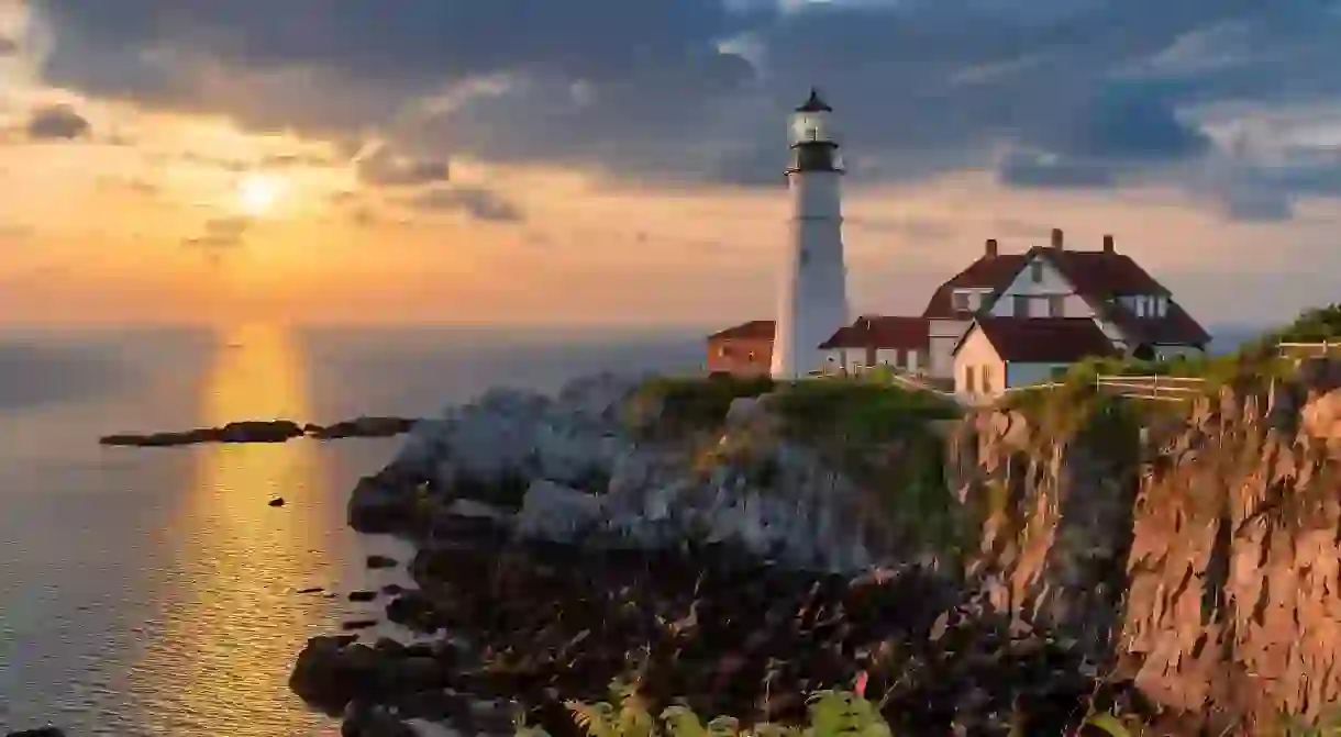 Portland Lighthouse at sunrise, in Maine