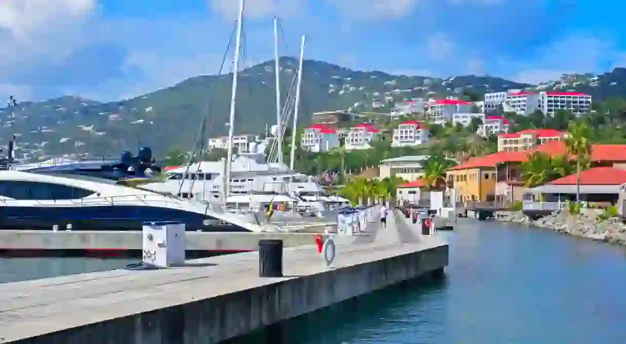 Yachts and sailing boats moored in Charlotte Amalie harbor on St Thomas