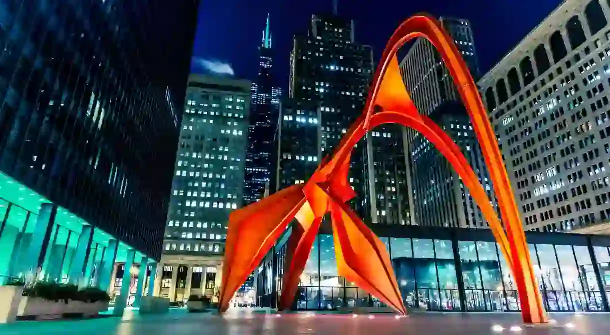 Alexander Calders Flamingo statue on permanent display in Federal Plaza in Chicago, Illinois