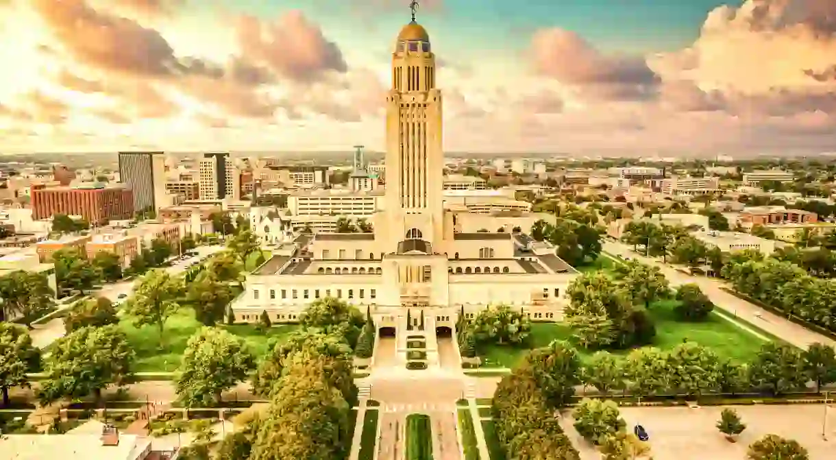 The Nebraska State Capitol building dominates the Lincoln skyline