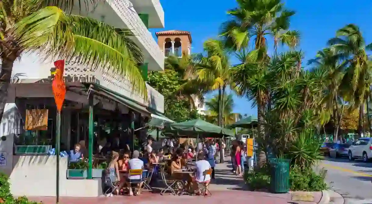 Restaurant on Ocean Drive on a Sunday morning, South Beach, Miami Beach, Florida, USA