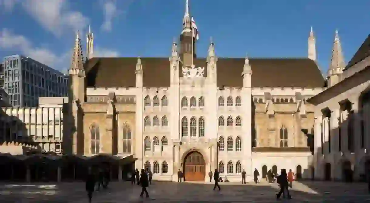 Guildhall London Building medieval gothic facade, town hall and ceremonial and administrative centre of the City of London, UK