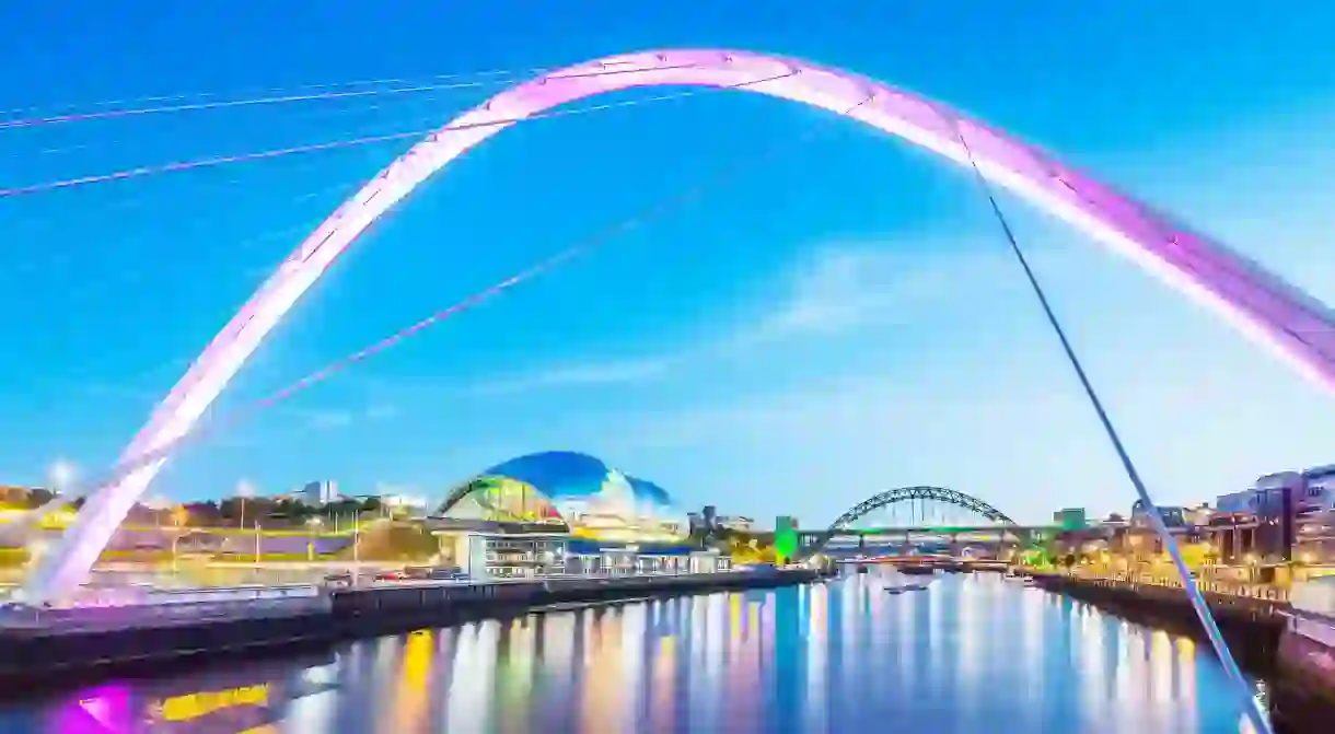 Tyne River and Gateshead Millennium Bridge at dusk, Newcastle-upon-Tyne