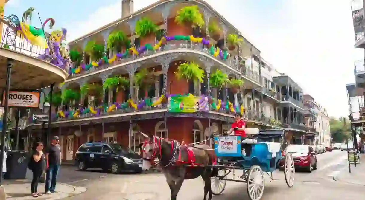 New Orleans French Quarter, view of a horse and carriage crossing Royal Street in the centre of the French Quarter (Vieux Carre), New Orleans, USA