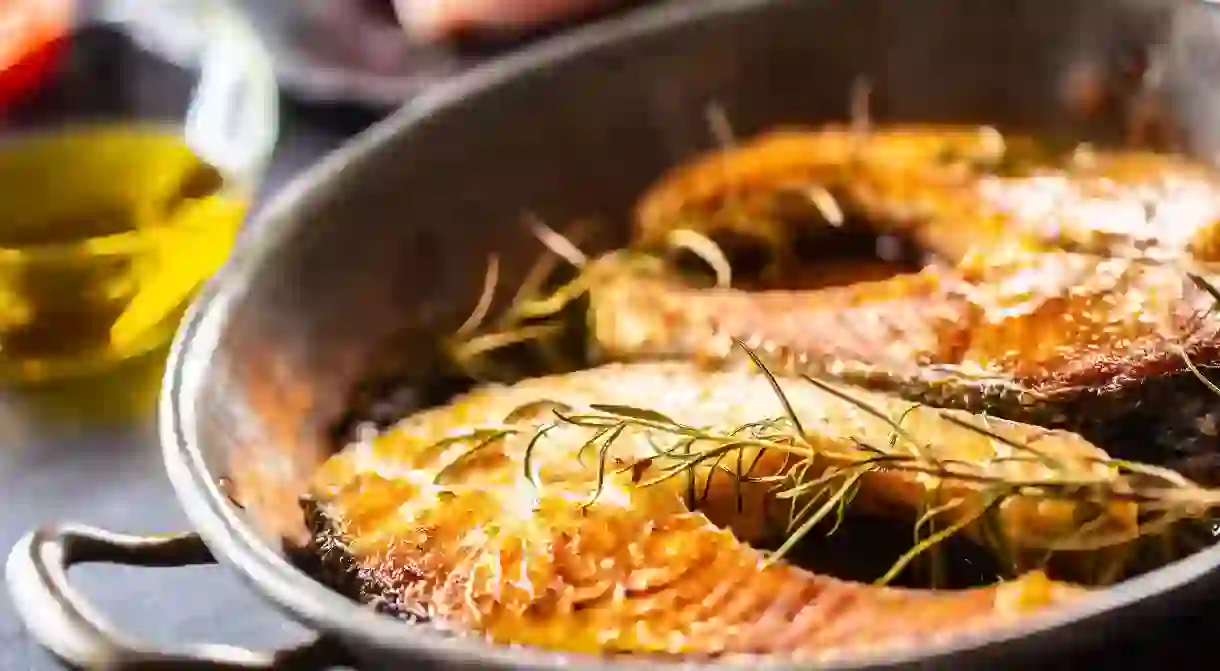 Salmon roasted steaks rosemary salt pepper olive oil - Close-up