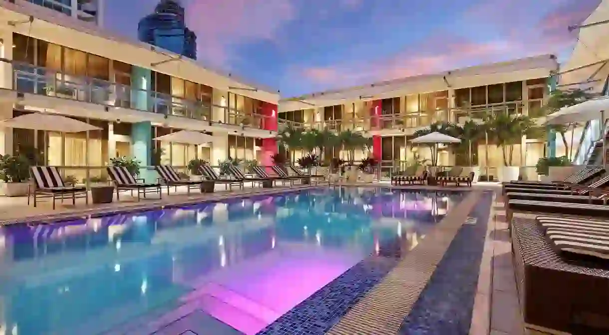 The Gabriel Miami Downtown brims with unique design elements, such as this neon-lit pool