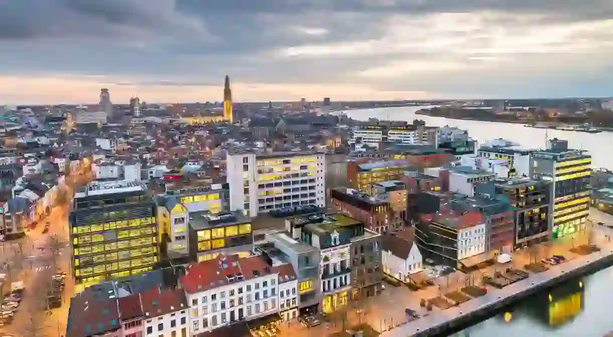 2B7MH06 Antwerp, Belgium cityscape from above at twilight.