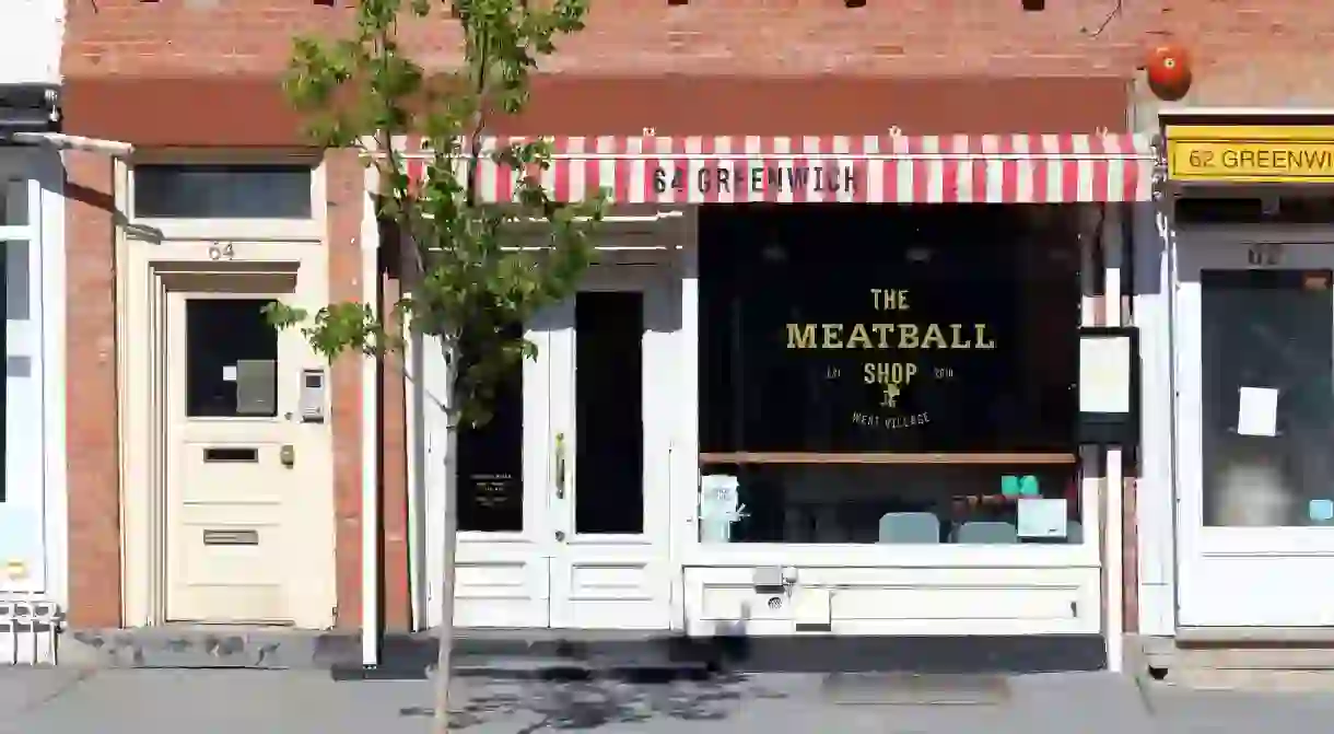 The Meatball Shop, 64 Greenwich Ave, New York, NY. exterior storefront of a meatball restaurant in Manhattans West Village.