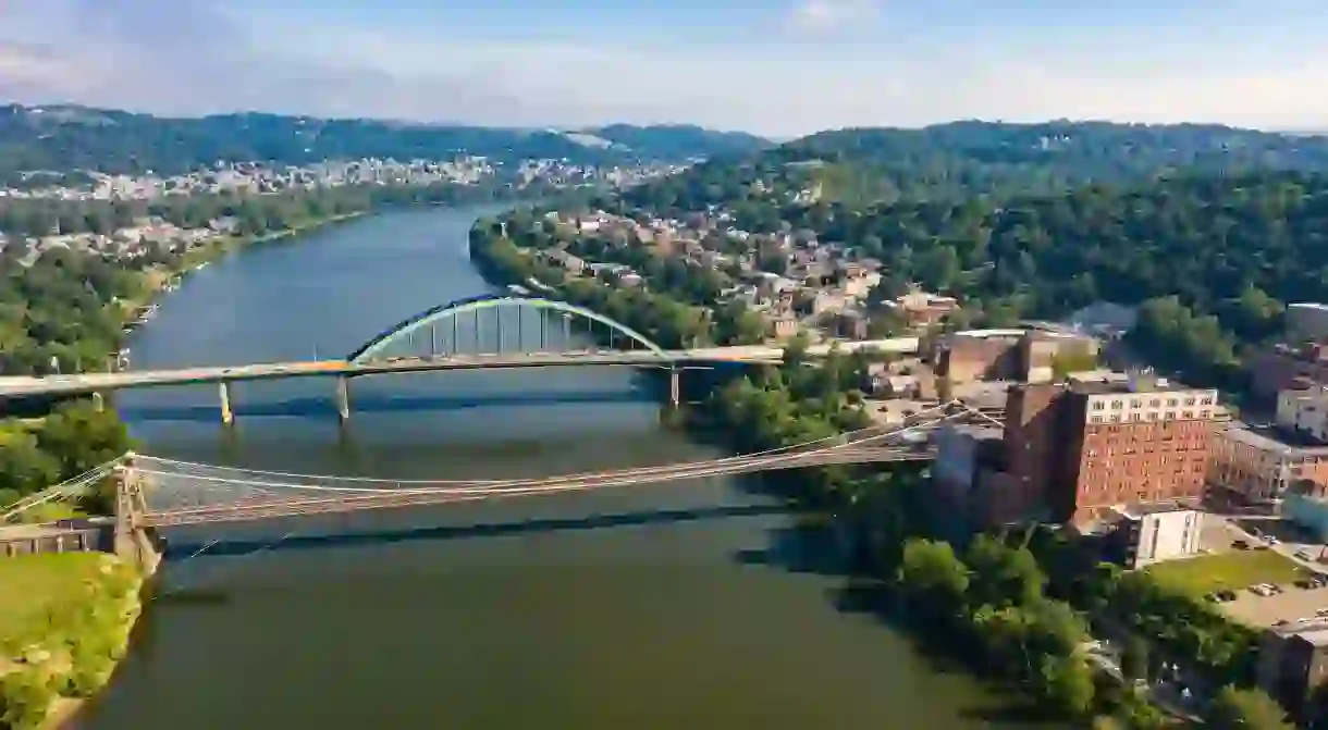 Wheeling Suspension Bridge and Fort Henry Bridge, Ohio River, Wheeling, West Virginia, USA