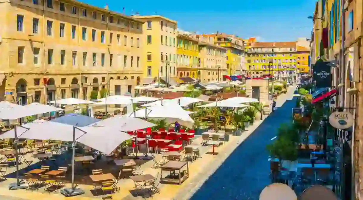 Square full of restaurants at port vieux part of Marseille, France