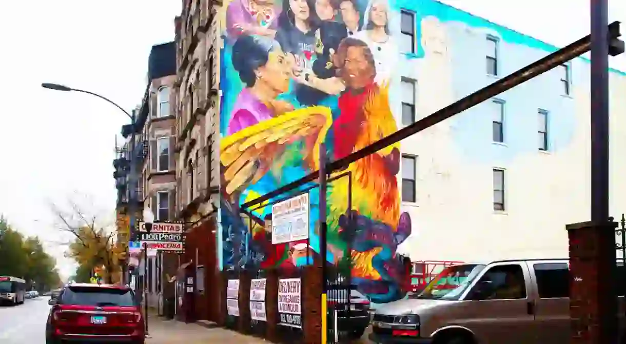 The massive mural is progressing on the side of Carnitas Don Pedro restaurant in Pilsen neighborhood of Chicago, Oct. 22, 2020.