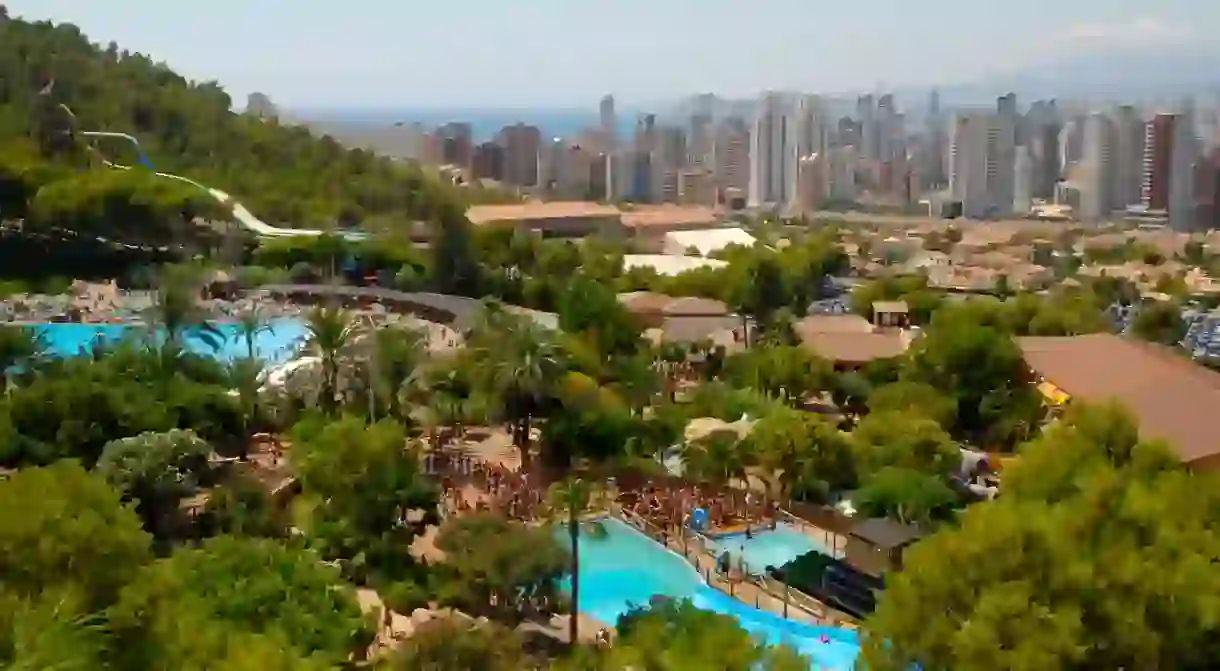 Aqualandia water park and Benidorm skyline from Mundomar, Benidorm