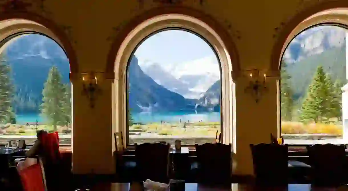 Dining room at the Chateau Lake Louise Hotel. Banff Alberta Canada