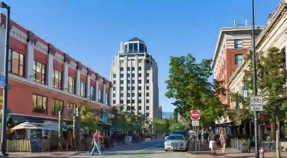 Bars, cafes and restaurants on N 8th Street in the early evening, historic downtown Boise, Idaho, USA