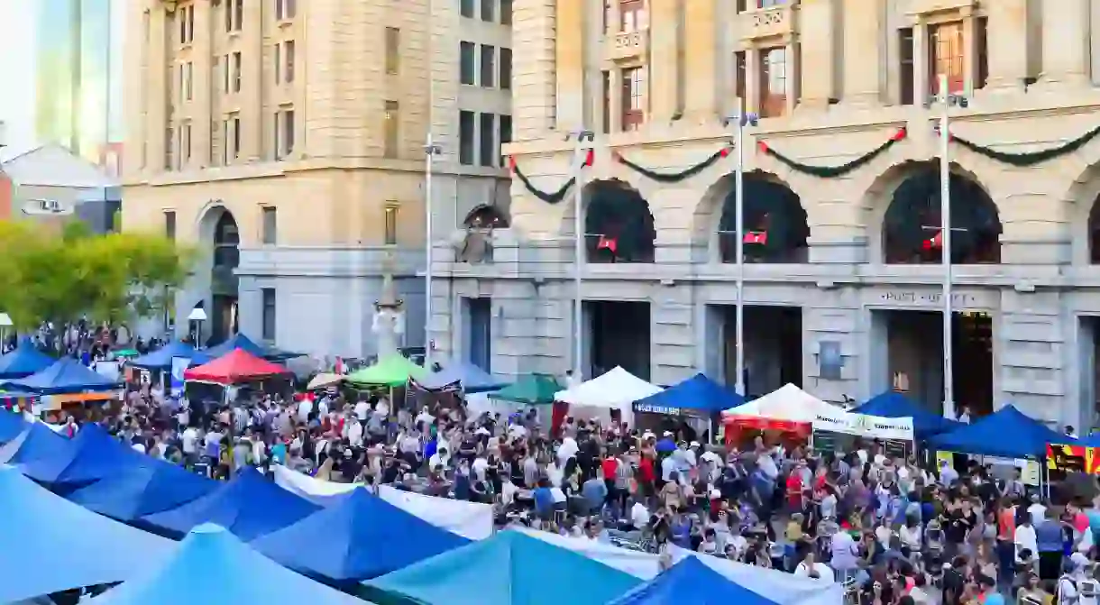 DMDDBX Friday night Twilight Hawkers Market food stalls in Forrest Place, Perth, Western Australia