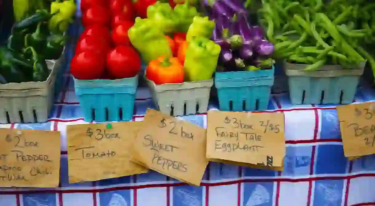 bloomington farmers market peppers, tomatoes, eggplant and green beans