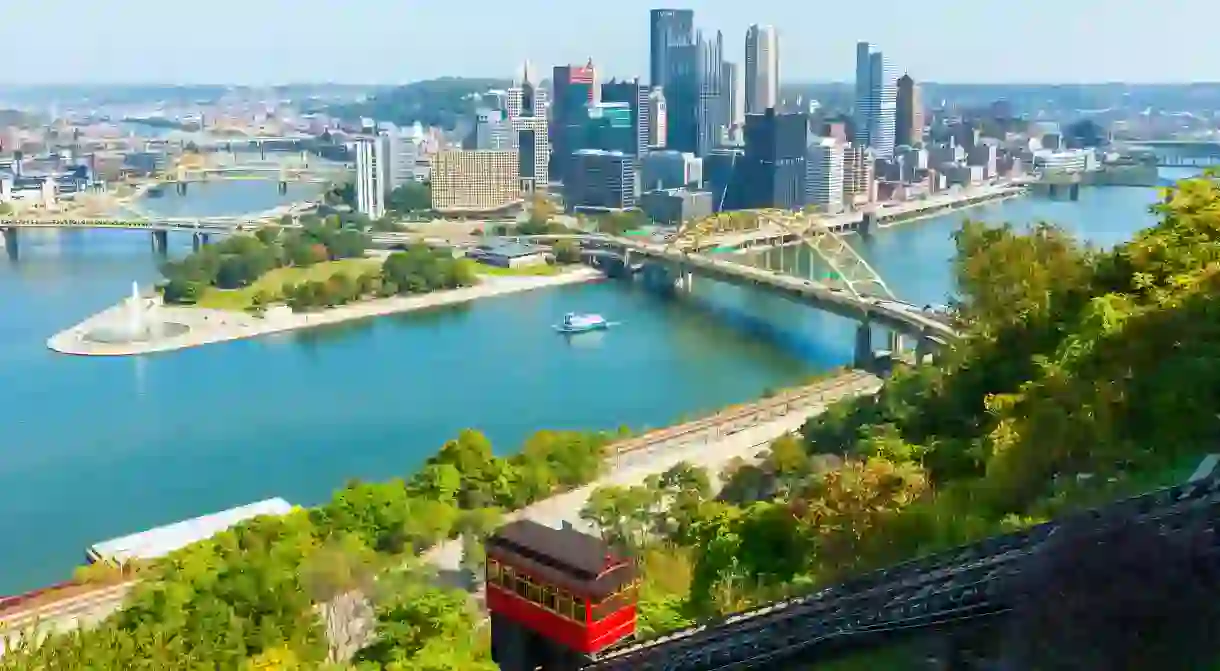 The Duquesne incline descends from Mt. Washington, with the skyline in the background in Pittsburgh, Pennsylvania.