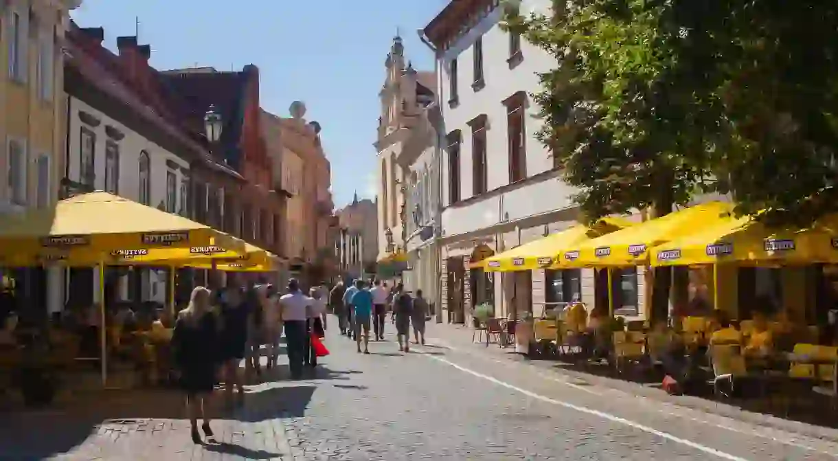 View up Pilies gatve (Castle Street) in the Old Town, Vilnius, Lithuania