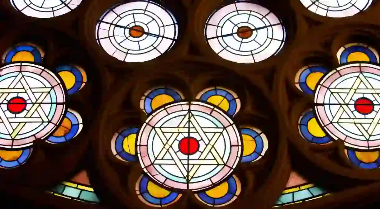 A detail of one of the stained glass windows in the Eldridge St. Synagogue