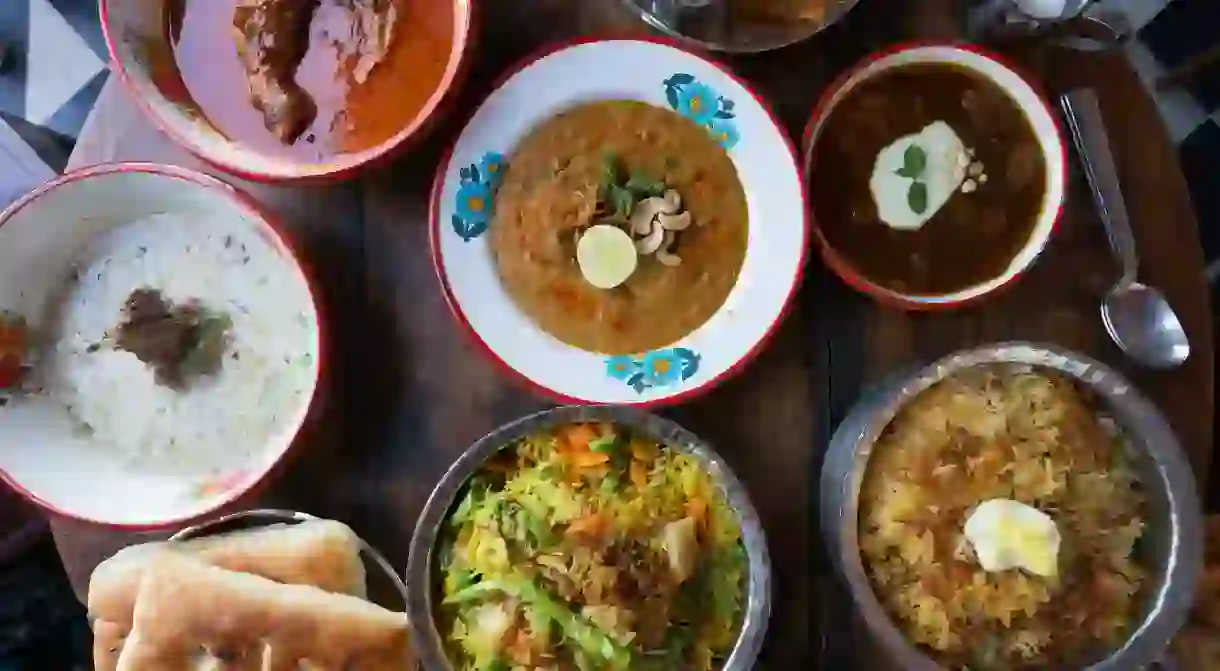 Assortment of Hyderabadi delicacies at SodabottleOpenerwala in Hyderabad,India