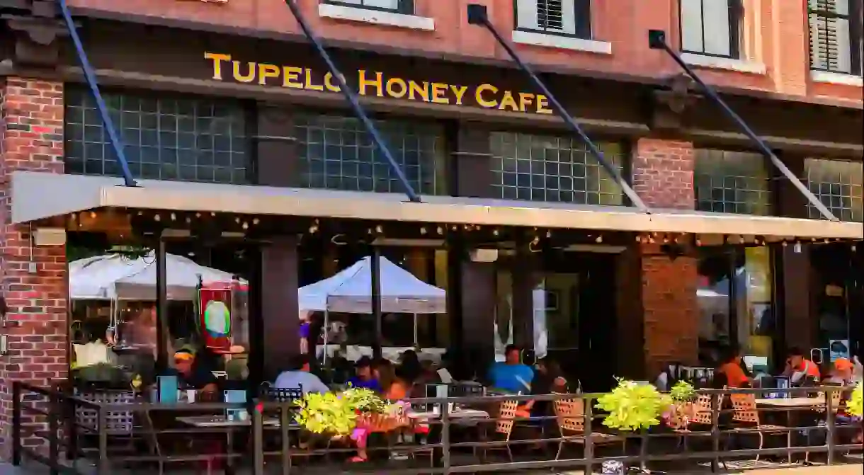 People outside the Tupelo Honey Cafe in Market Square, Knoxville, TN