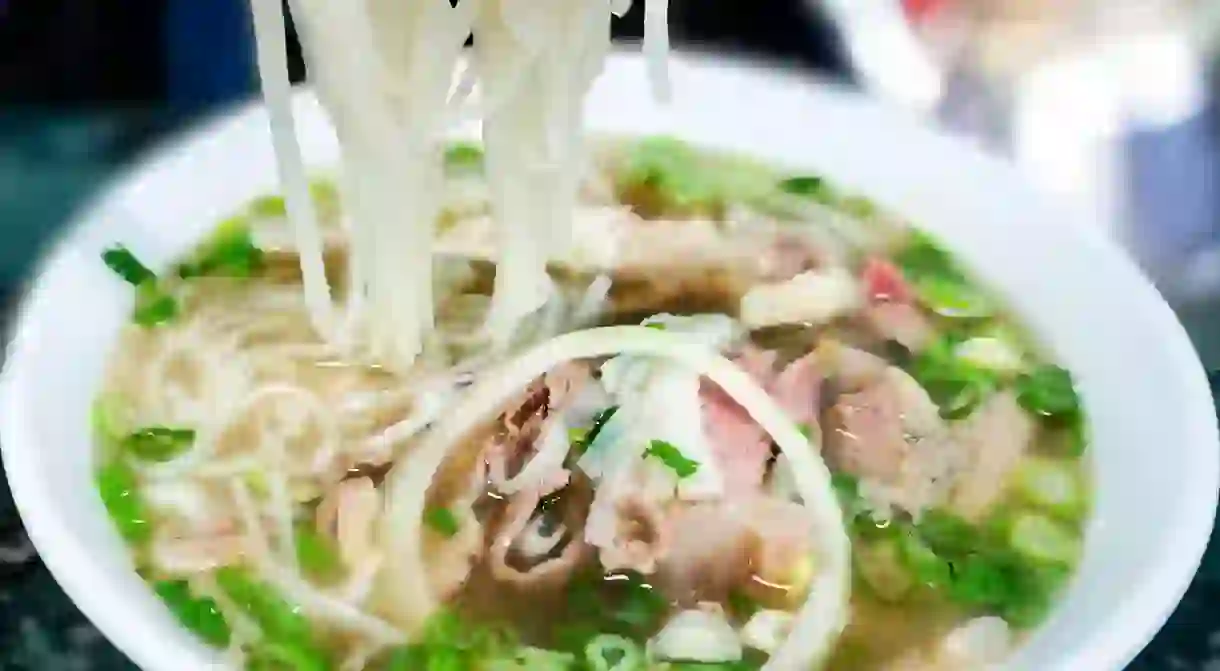 H7HD6E Bowl of Vietnamese pho noodle soup with rare beef, tendon, tripe and brisket served with onions, scallions and cilantro. H7HD6E_