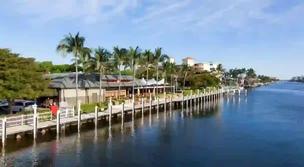 Pompano Beach, Fl, USA - March 15, 2017: Waterfront restaurant and buildings in Pompano Beach, Florida, United States