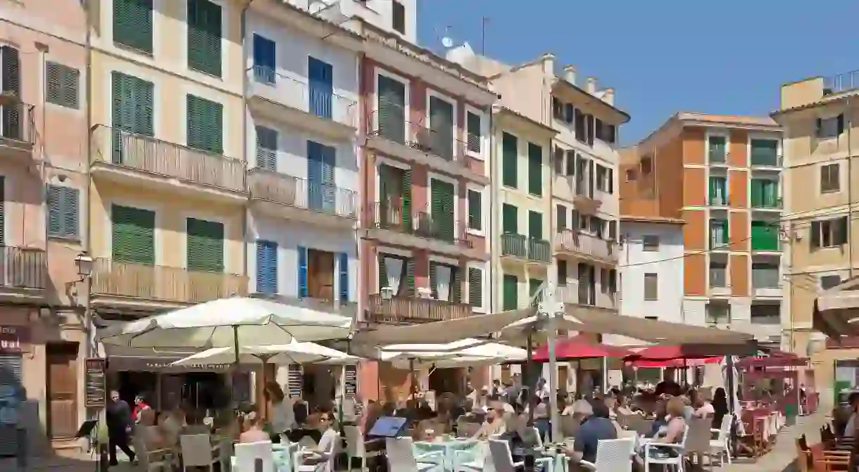 Cafes and restaurants in Placa d´en Coll in Palma de Mallorca, Spain