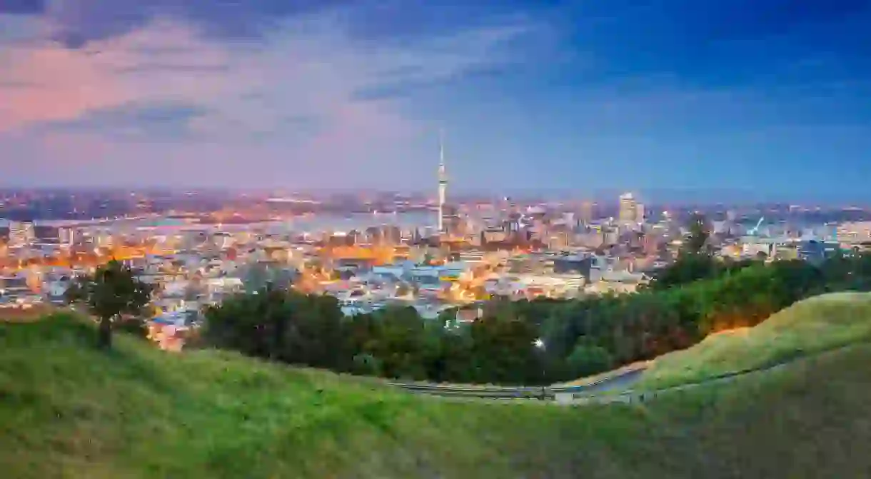 Auckland skyline, New Zealand taken from Mt Eden at sunset