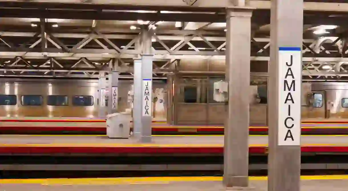 Long Island Railroad trains travel through Jamaica, Queens, New York City