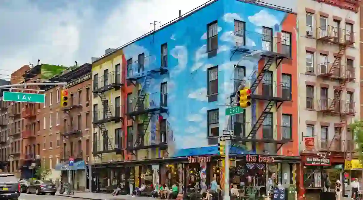 The Bean Coffee shop located in a colourful painted building in the East Village at the junction of 1st and 9th , Manhattan . New York City ,USA