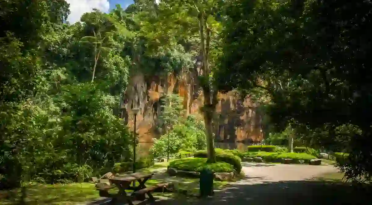 PAMDJP Picnic table in the shade at Butik Batok Reservoir, a public park in the jungles of Singapore