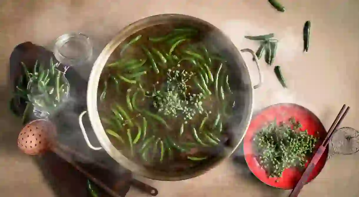 Red Bowls spicy Green Pepper and Green Chilli hot pot