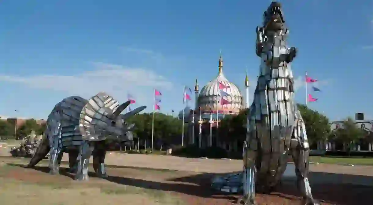 Funky metal sculpture outside the Ripleys Believe It Or Not location in Grand Prairie, Texas