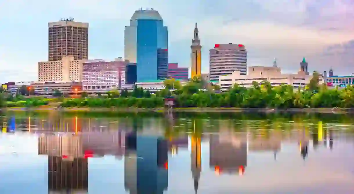 Springfield, Massachusetts downtown skyline at dusk