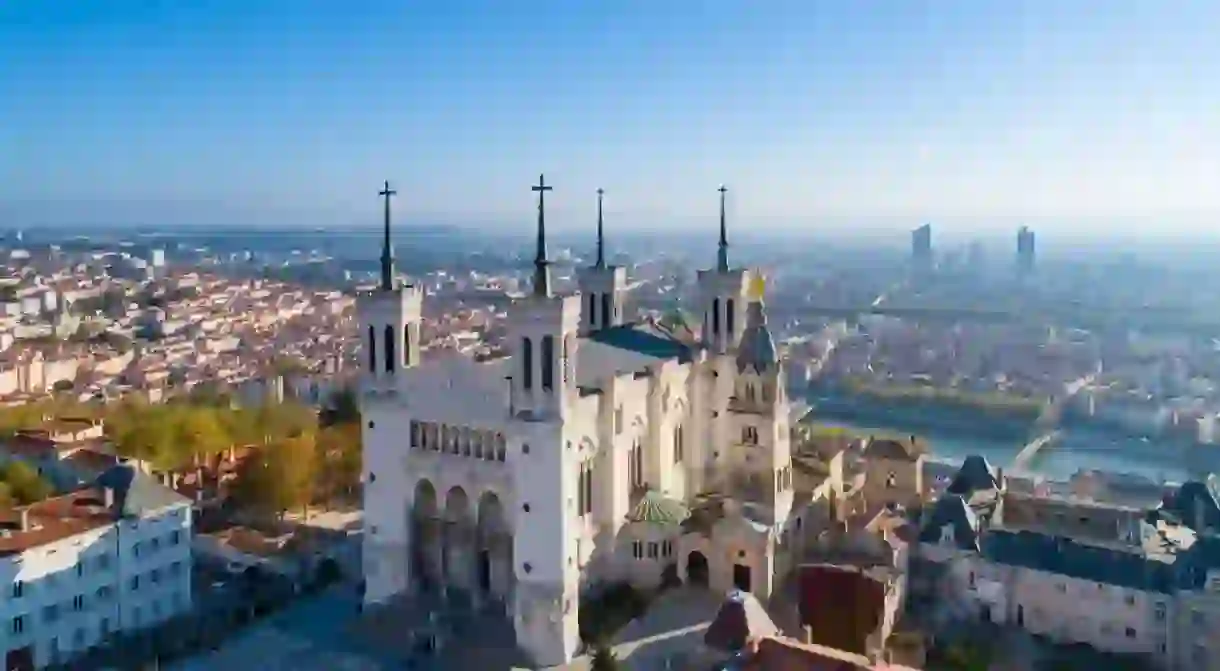 Lyon, Aerial view of Notre Dame de Fourviere Basilica