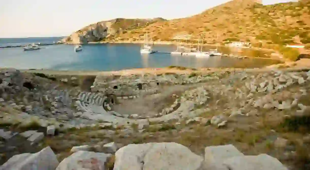 Knidos ancient city theater and sailing boats Datca Peninsula Turkey