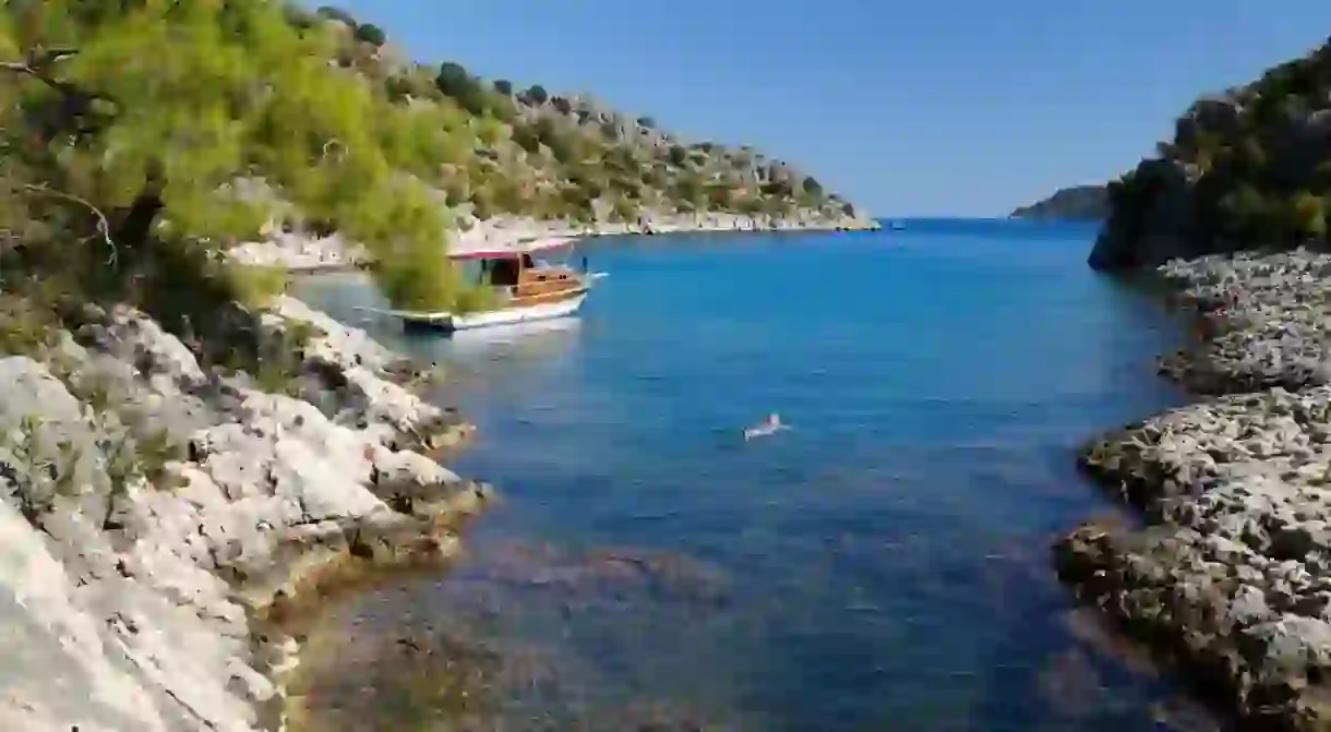 EGCraggy cove, Kekova, near Kas, Lycia, Antalya Province, Mediterranean Coast, Southwest Turkey, Turkey, Asia