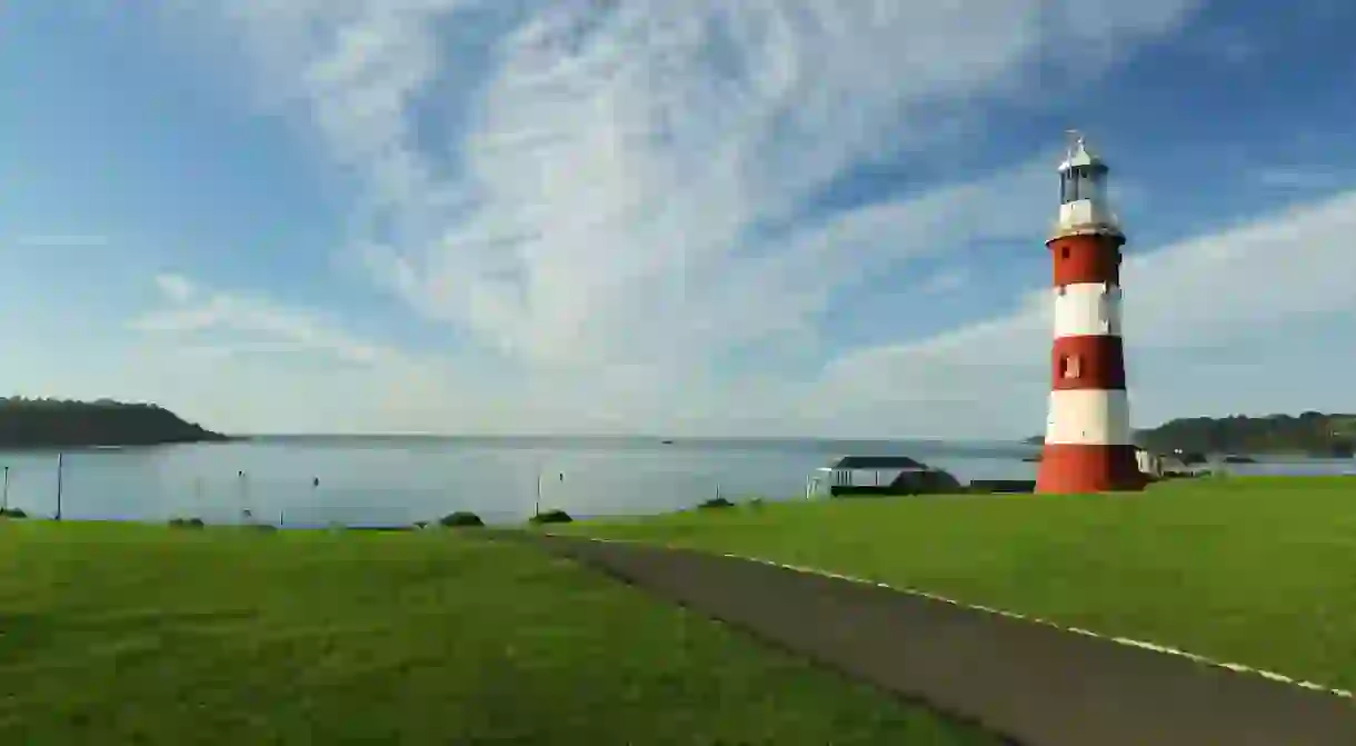 Smeatons Tower lighthouse was built on the Eddystone reef in 1759 but moved to Plymouth Hoe in the 1880s, where it currently resides