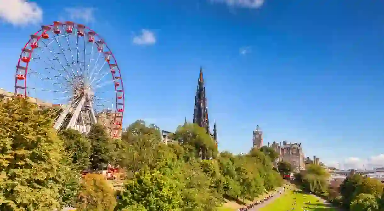 East Princes Street Gardens, Edinburgh, with the Festival Wheel, Scott Monument and Balmoral Hotel on the skyline