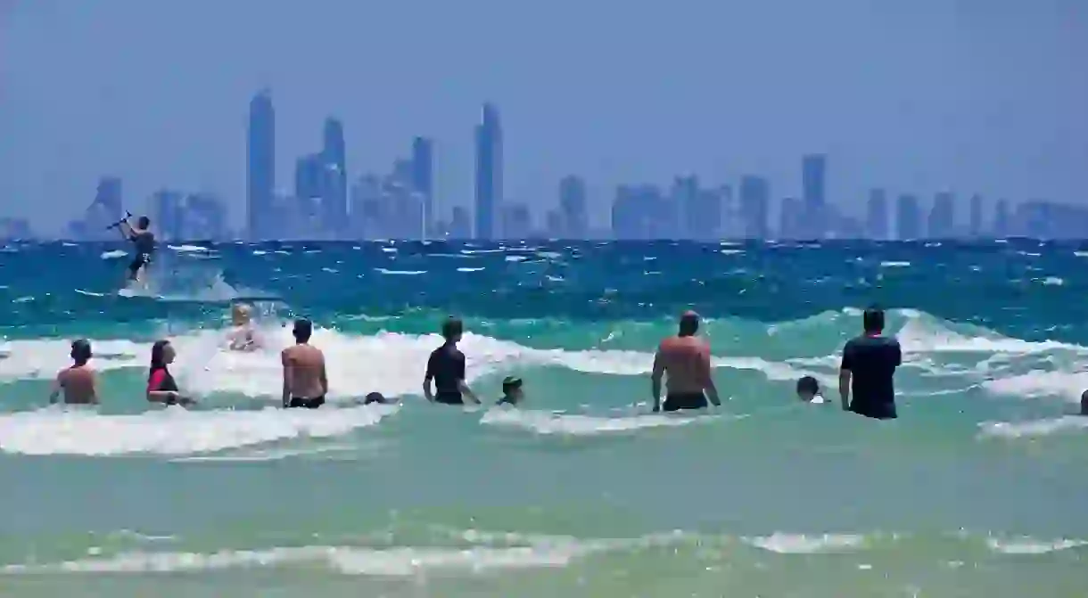 The skyline of Surfers Paradise is viewable from Coolangatta Beach, Queensland