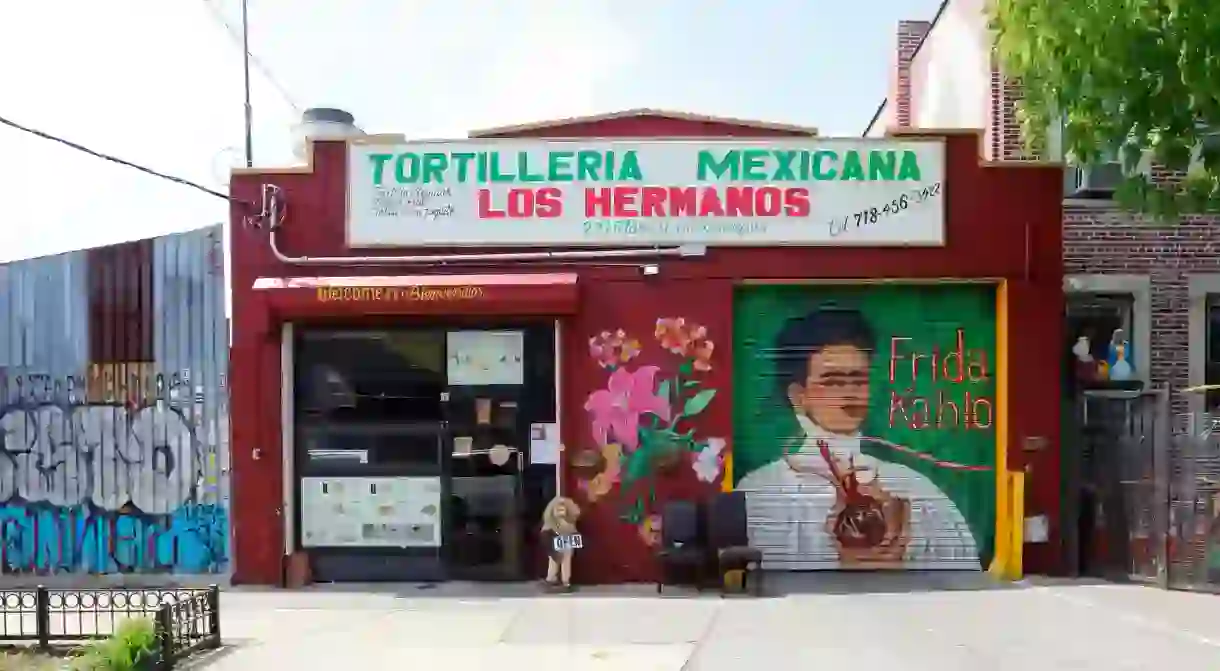 Tortilleria Mexicanas Los Hermanos, 271 Starr St, Brooklyn, NY. exterior storefront of a mexican eatery in bushwick.