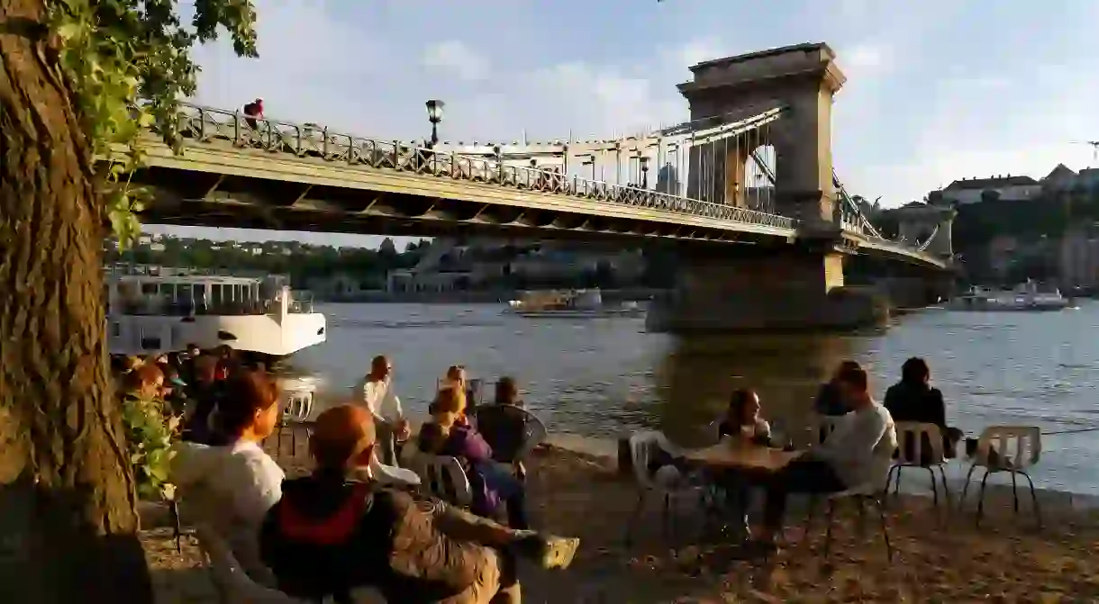 The Chain Bridge in Budapest and Pontoon Bar Terrace