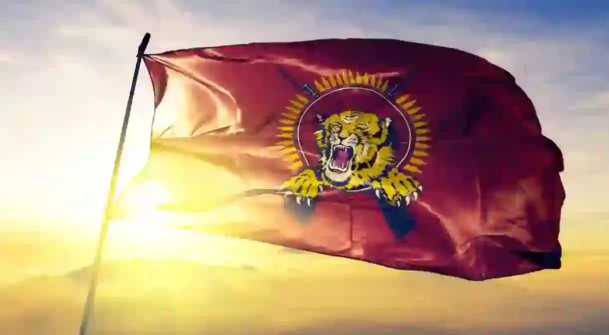 The image of the yellow tiger against a red background was designated as the national flag of Tamil Eelam in 1990