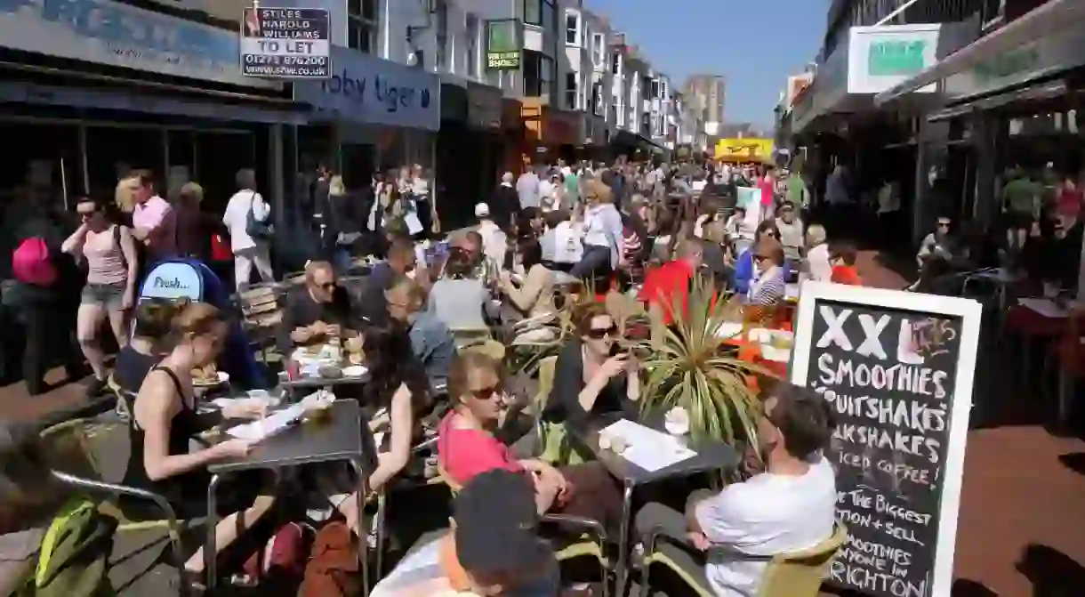 Al fresco eating in Gardner Street in the North Laines, Brighton