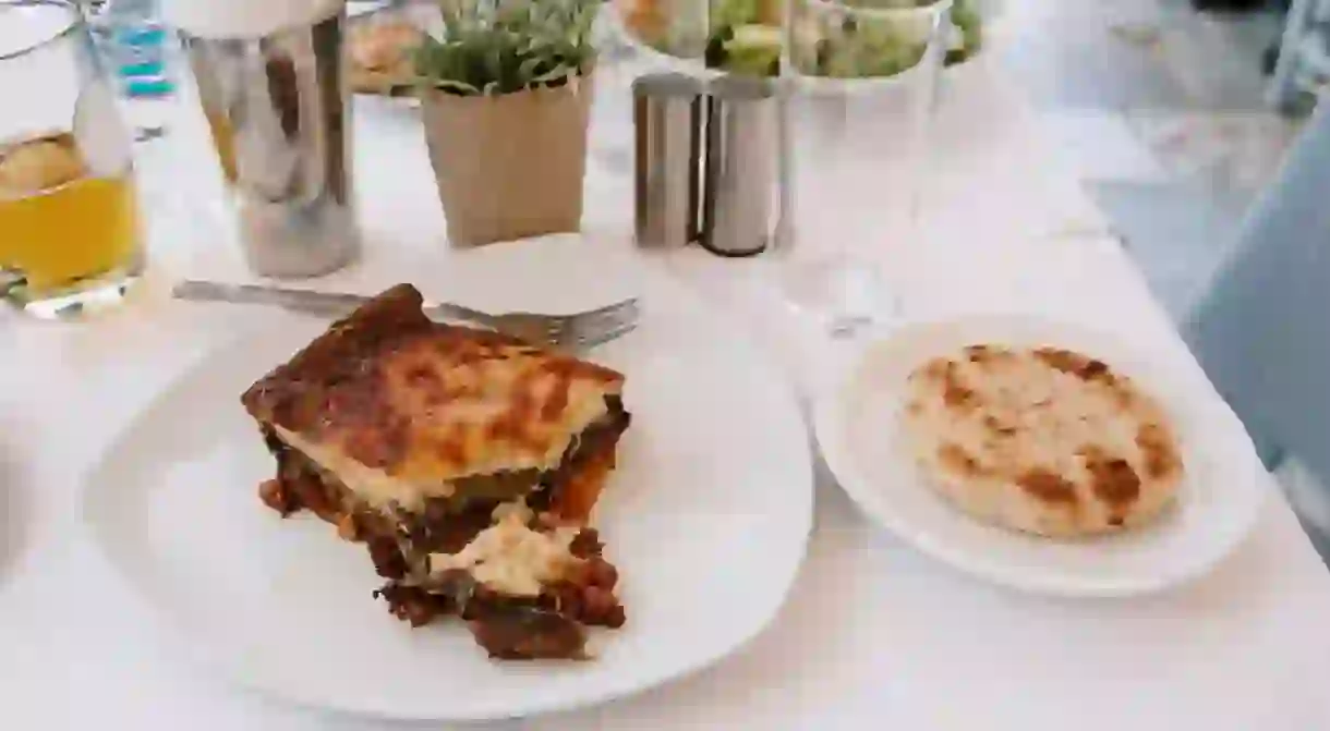 Moussaka in an outdoor restaurant table in Athens, Greece