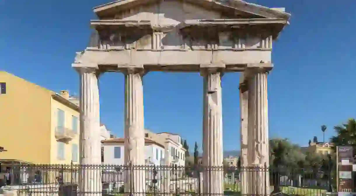 This is a photo of the Gate of Athena Archegetis in the Roman agora in Athens, Greece. It is located near the Acropolis.