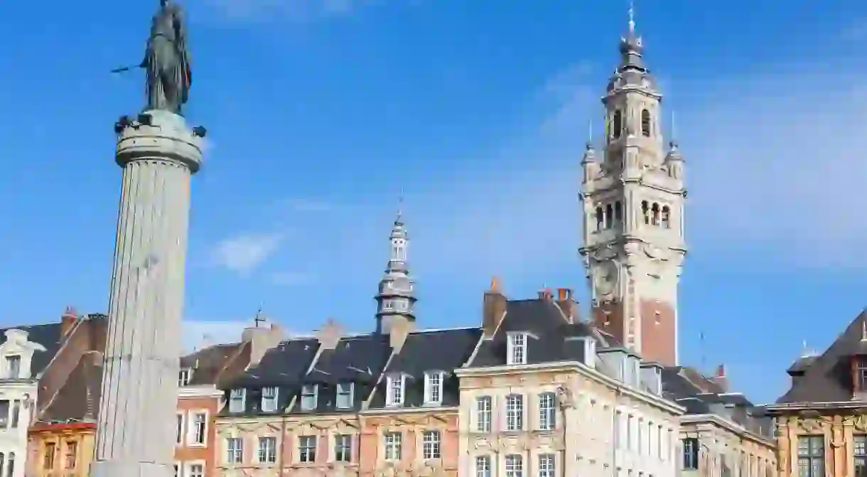 Chambre of Commerce and Statue and Column of Deesse (1845) in Lille, France