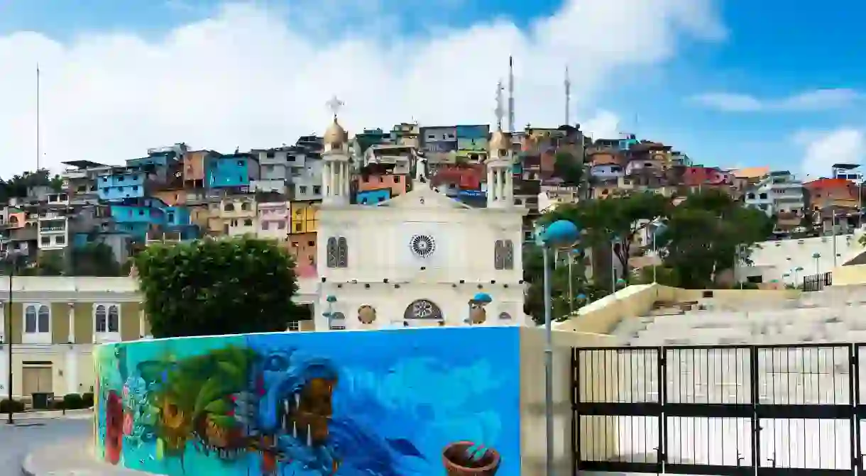 View of the town of Guayaquil with church and colorful houses in Ecuador, South America